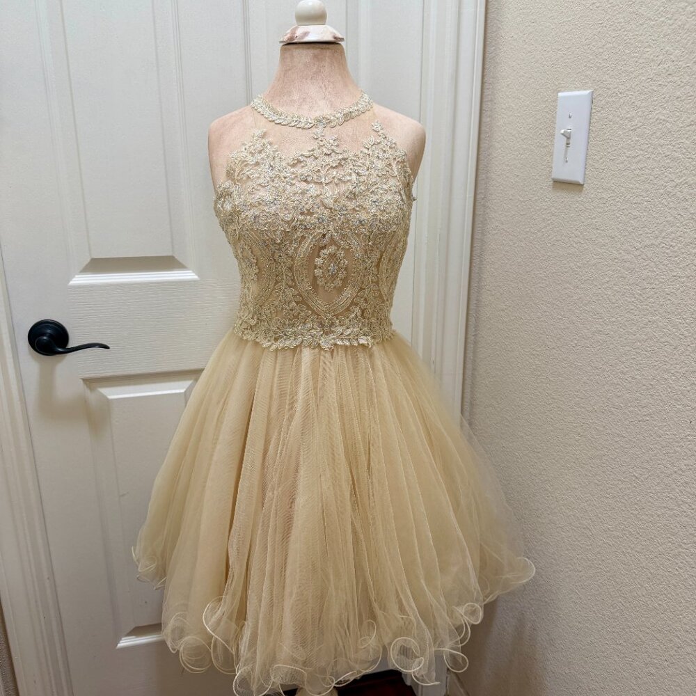 Dancing Queen Cocktail Dress Size M Wedding Halter Floral Lace Applique Tule